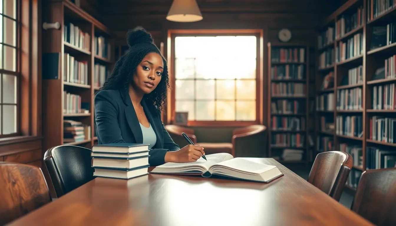 young woman writing in a library, surrounded by books.
